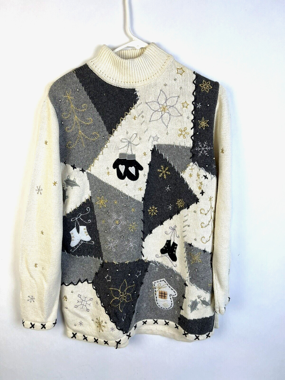 Design Originals Studio Winter Sweater Women's Medium Cream Gray Embroidery